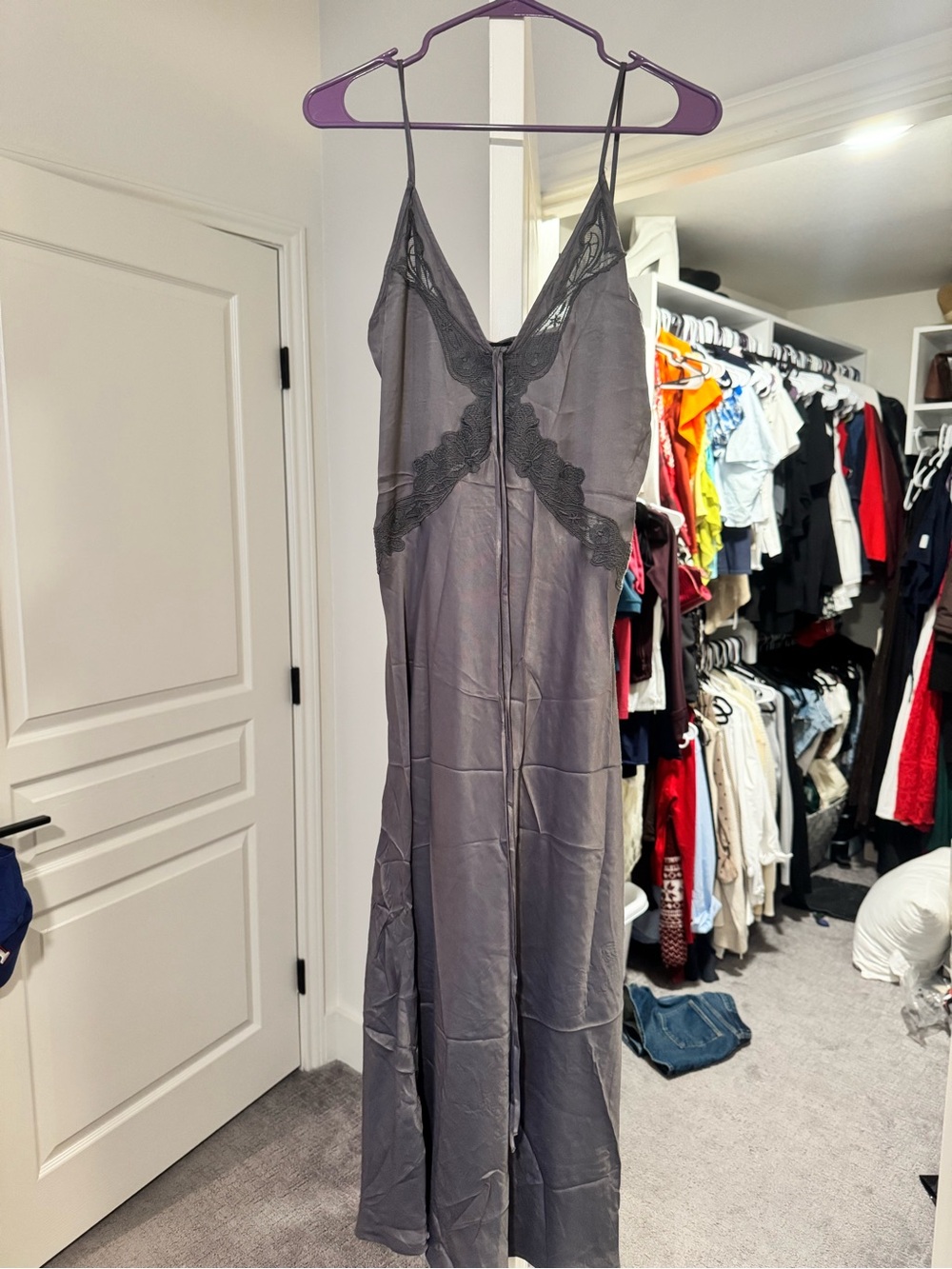 Zara Charcoal Gray Lace-Trim Maxi Slip Dress